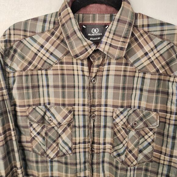 Bugatchi Men's Button Down Shirt Plaid Long‎ Sleeve Medium Green Western - Picture 2 of 11